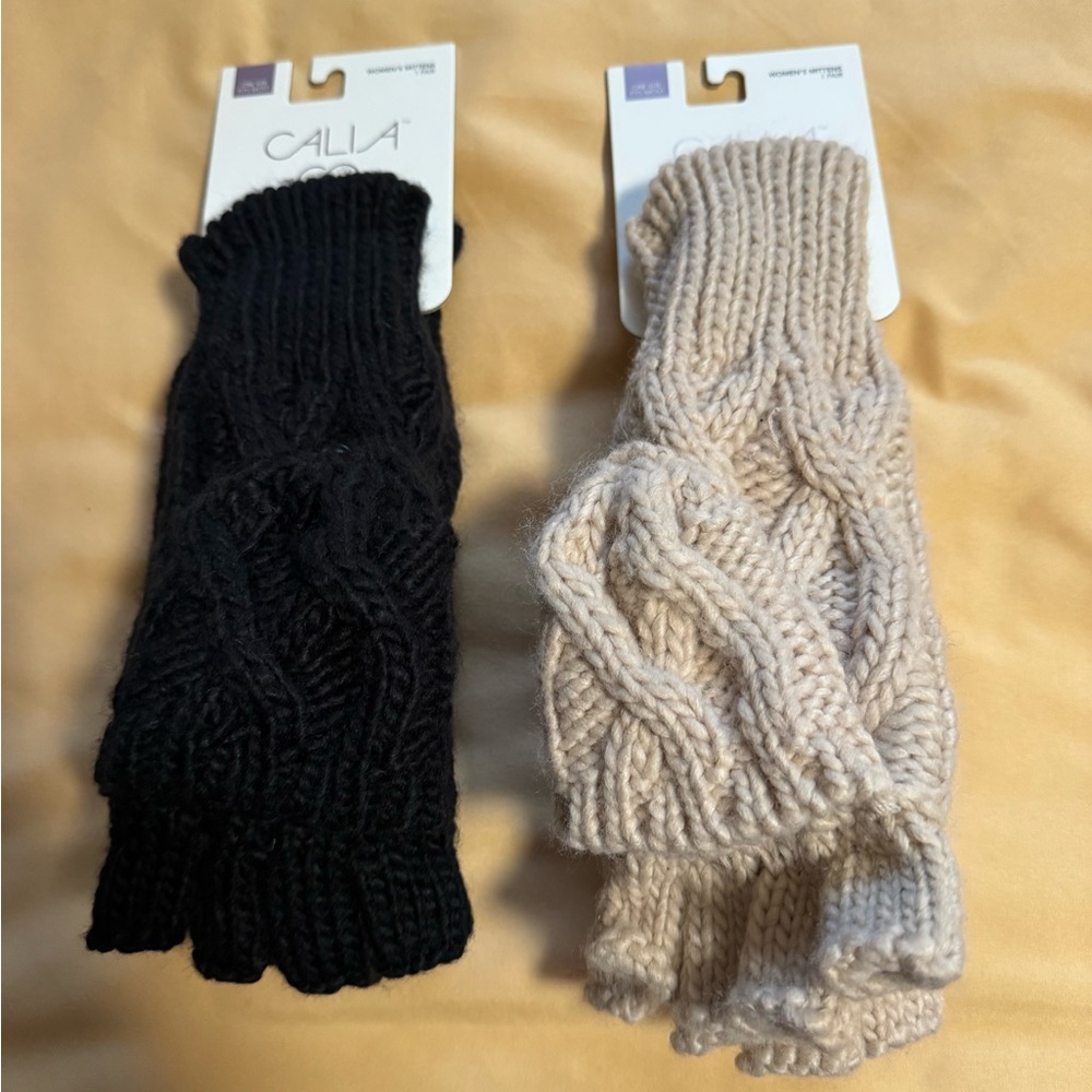Calia Black and Cream Knit Fingerless Gloves set